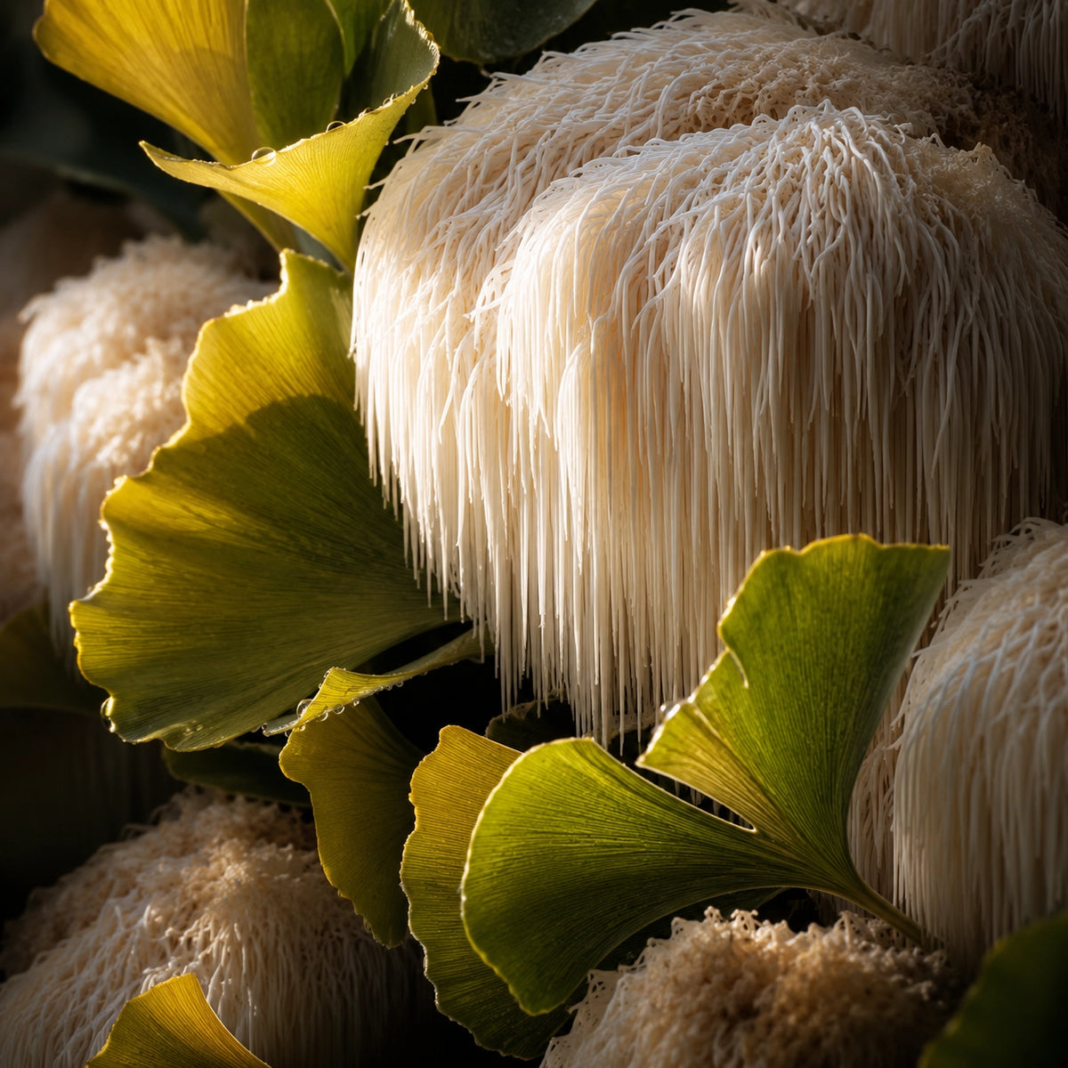 Close-up of honeycomb mushroom clusters with pale cream spore masses and green ginkgo leaves in a natural outdoor setting.