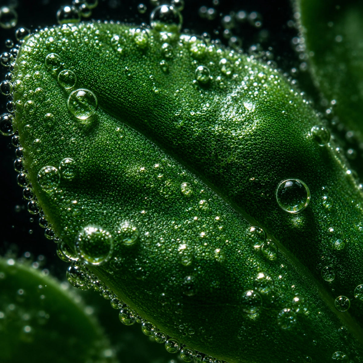Macro close-up of a bacopa green leaf covered in water droplets, with reflective dew drops and a dark background.