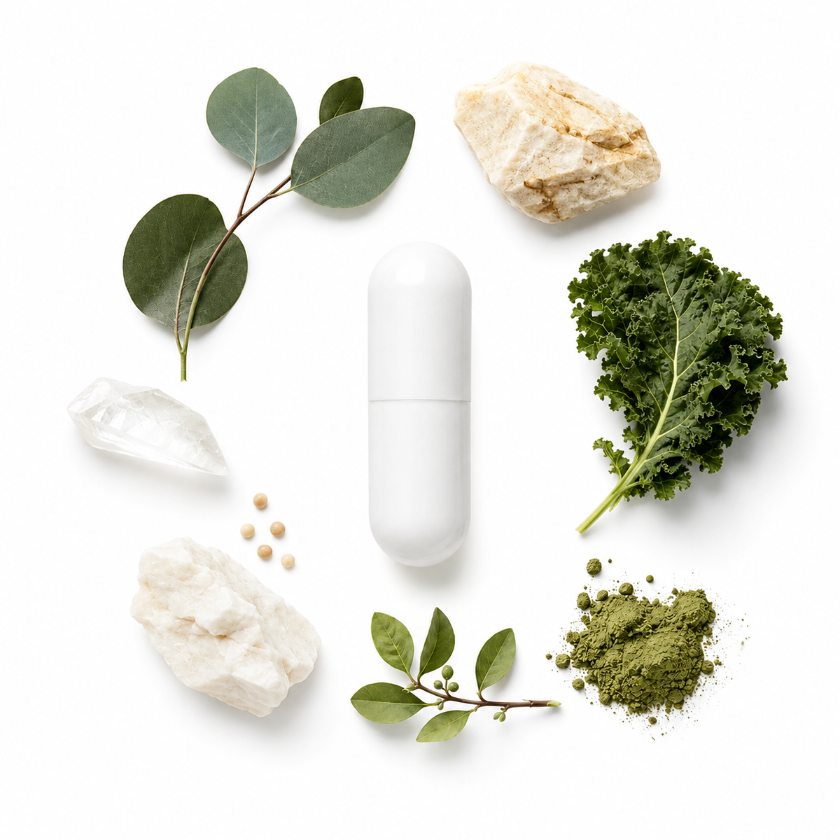 A white capsule-shaped supplement container centered on a white background, surrounded by natural ingredients including green eucalyptus leaves, a kale leaf, green powder, crystals, and small seeds.
