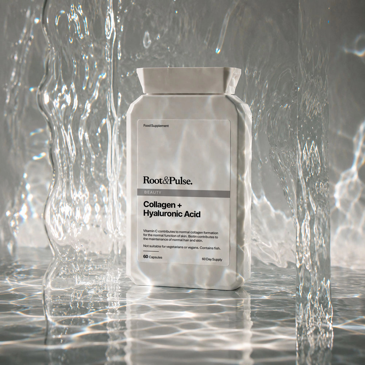 A white bottle of Root & Pulse Collagen + Hyaluronic Acid dietary supplement, set against a highly stylized background of clear water droplets and ripples on a reflective gray surface.