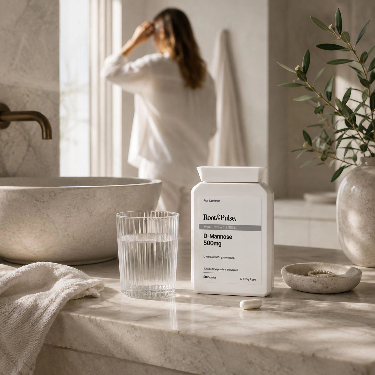 A bottle of Root of Pulse D-Mannose 500mg dietary supplement sits on a marble bathroom counter next to a glass of water, with a woman in a white robe blurred in the background.