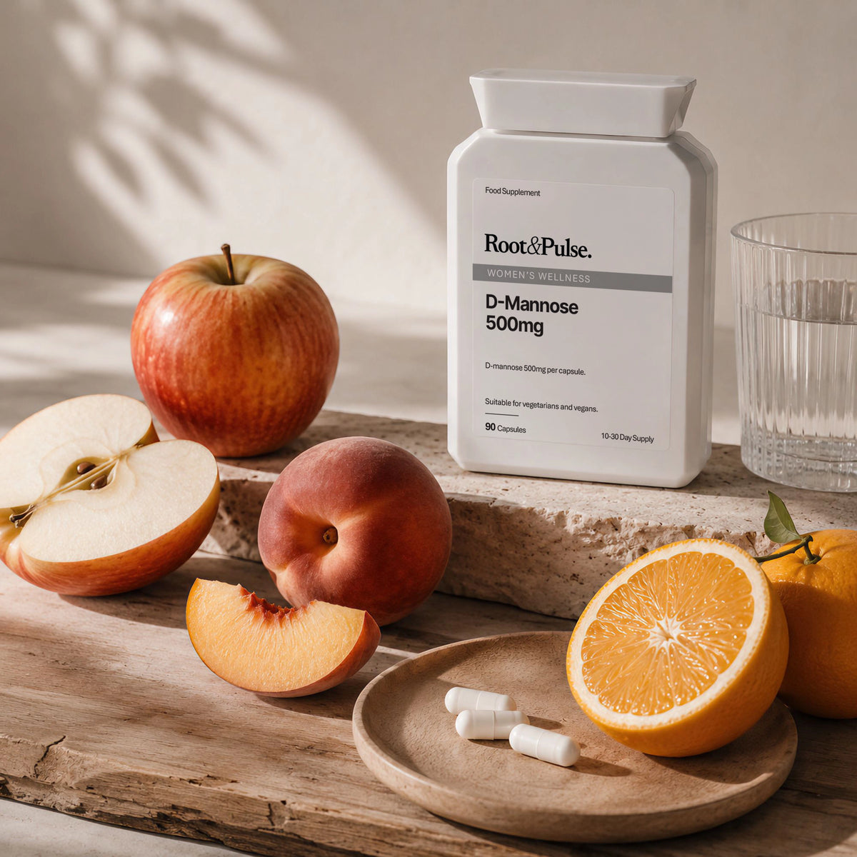 A white supplement bottle labeled Root & Pulse D-Mannose 500mg stands on a rustic wooden surface with fruit props including an apple, peach, orange slices, and a glass of water.