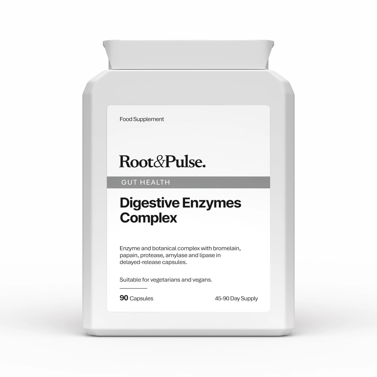 A white plastic bottle of Root&Pulse Gut Health Digestive Enzymes Complex dietary supplement, shown on a clean white background.
