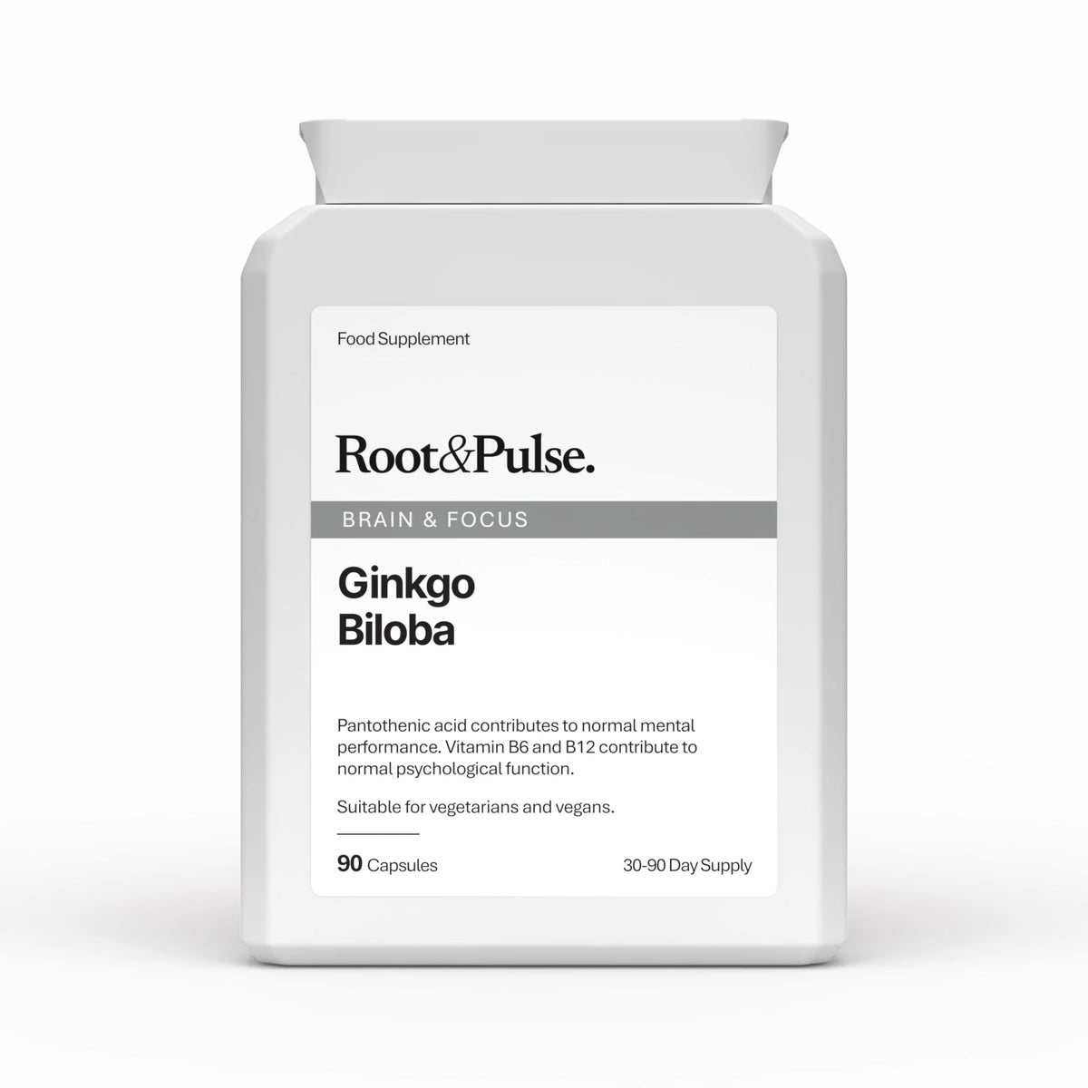 A white plastic bottle of Root & Pulse Ginkgo Biloba food supplement with a clean white label, shown on a seamless white background.