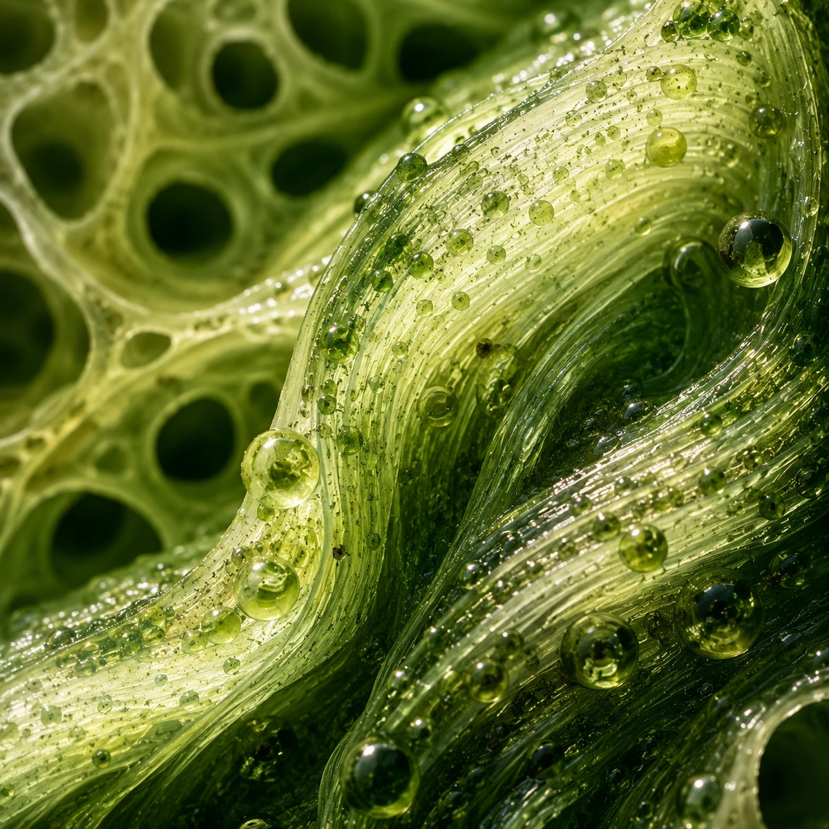 Close-up of translucent green gel or slime with embedded green particles and small water droplets on a textured organic surface.