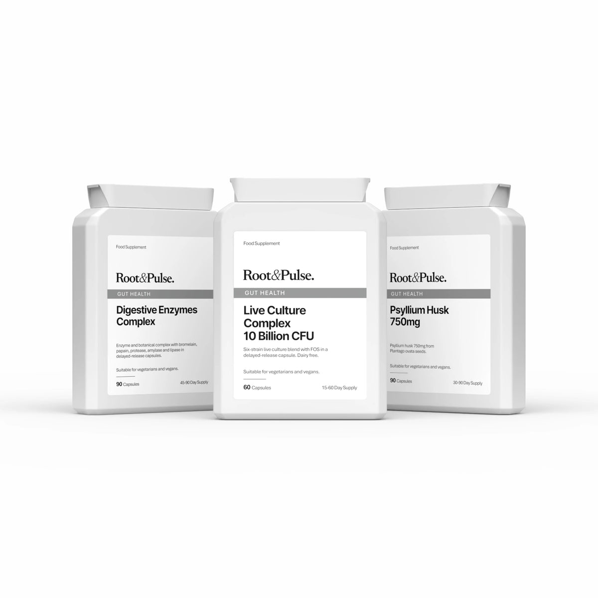 Three white supplement bottles from Root & Pulse on a clean white background. The center bottle is Live Culture Complex 10 Billion CFU, flanked by Digestive Enzymes Complex on the left and Psyllium Husk 750mg on the right.