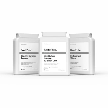 Three white supplement bottles from Root & Pulse on a clean white background. The center bottle is Live Culture Complex 10 Billion CFU, flanked by Digestive Enzymes Complex on the left and Psyllium Husk 750mg on the right.