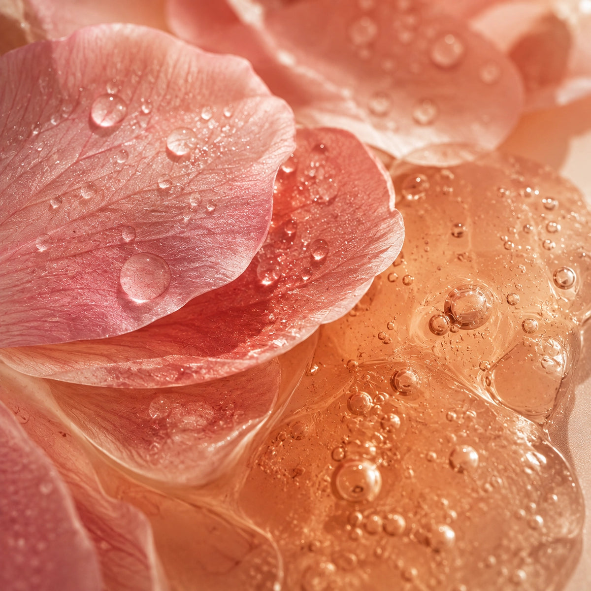 Close-up of translucent peach and pink rose petals with water droplets and bubbles, creating a soft, glossy texture.