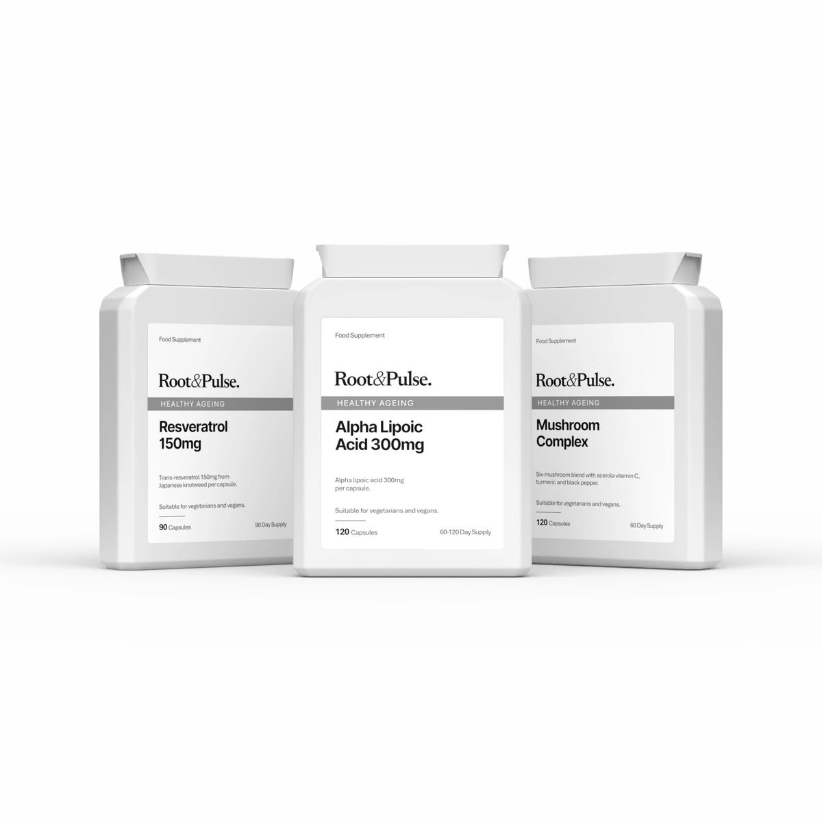 Three white supplement bottles from Root & Pulse on a clean white background, arranged in a row with the center bottle slightly forward. The labels show different products: Resveratrol 150mg, Alpha Lipoic Acid 300mg, and Mushroom Complex.