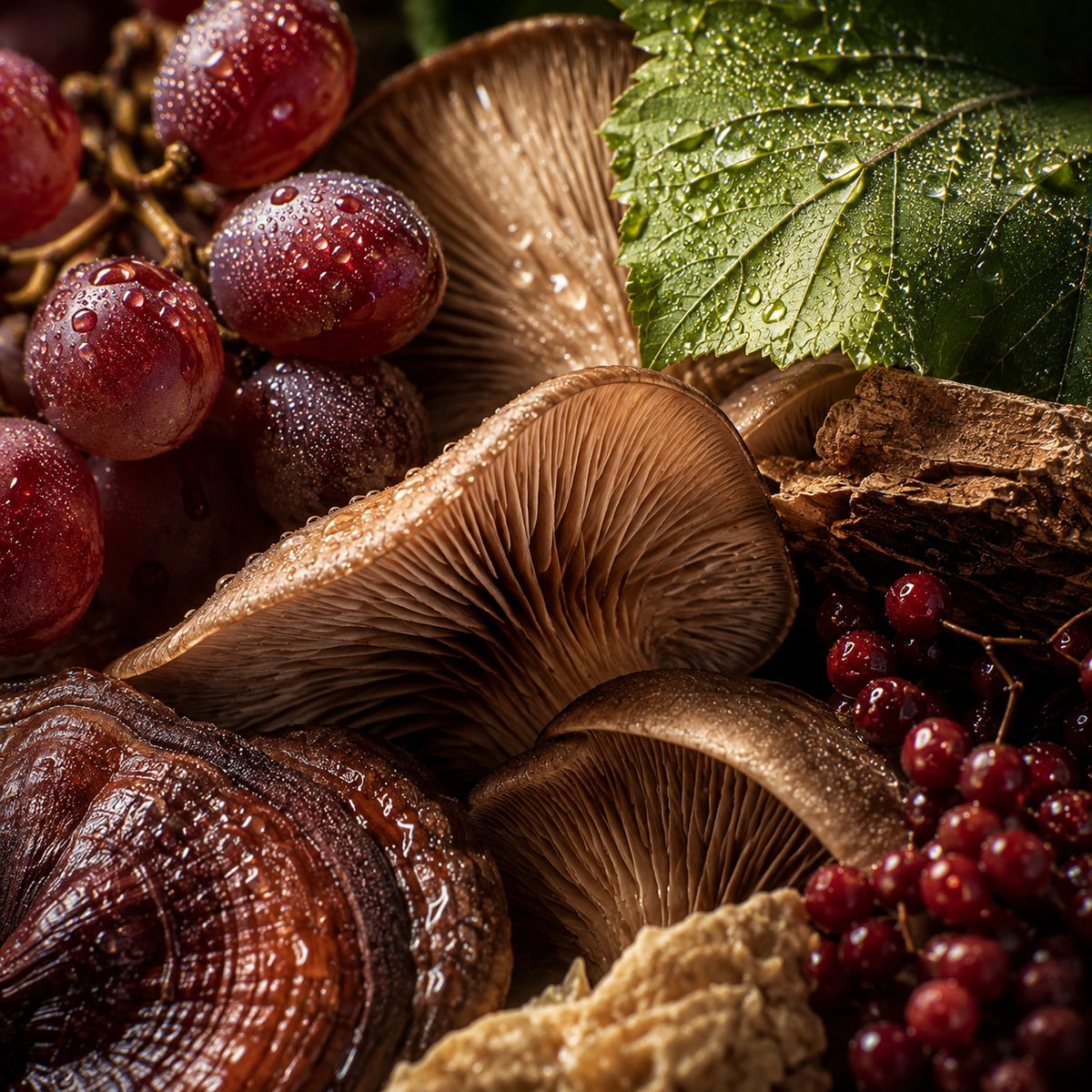 Close-up still life of assorted mushrooms, red grapes, a green leaf with water droplets, and brown wood pieces arranged together in rich, dark tones.