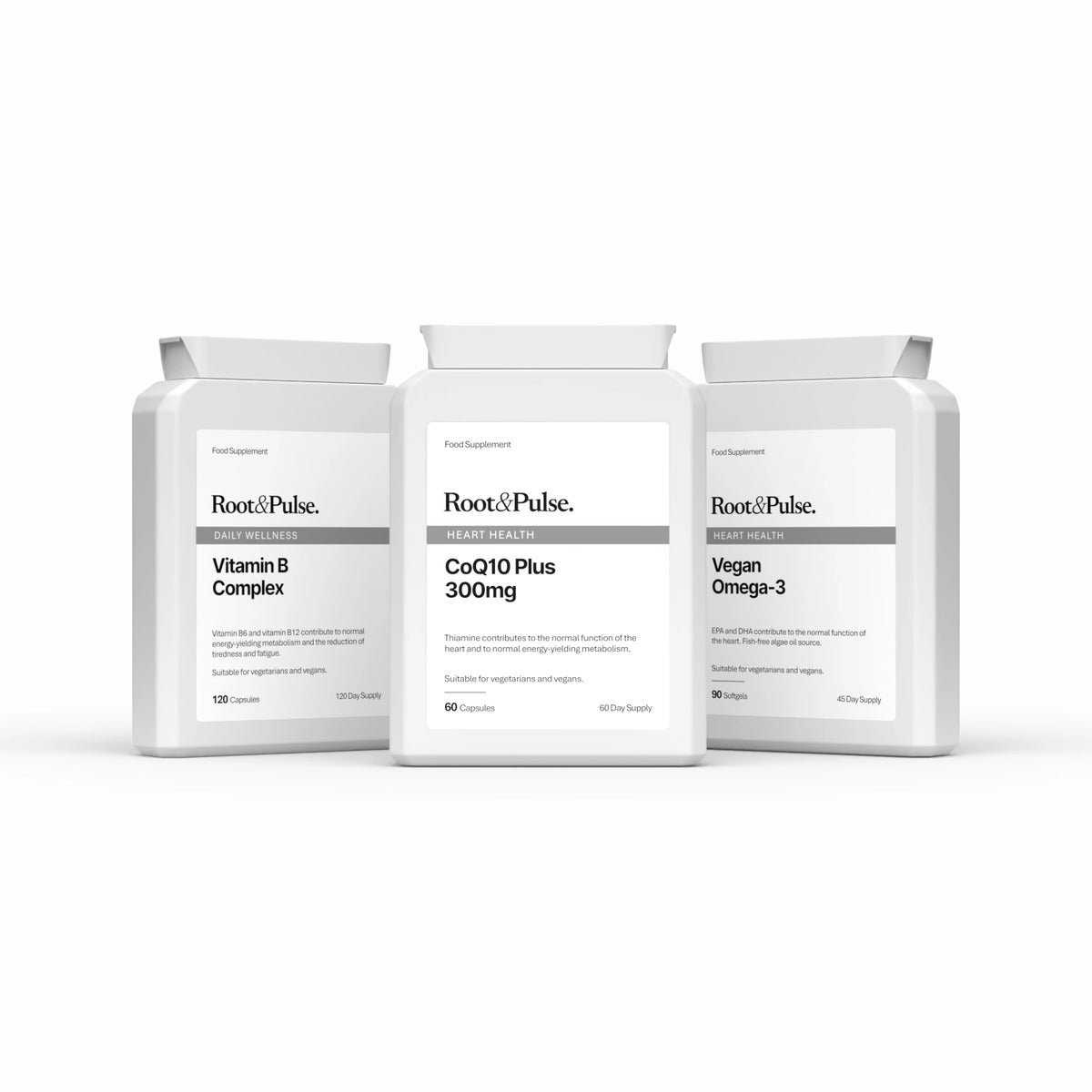 Healthy Heart Energy supplement bundle from Root and Pulse arranged together on a clean white background. The bottles are labeled Vitamin B Complex, CoQ10 Plus 300mg, and Vegan Omega-3.