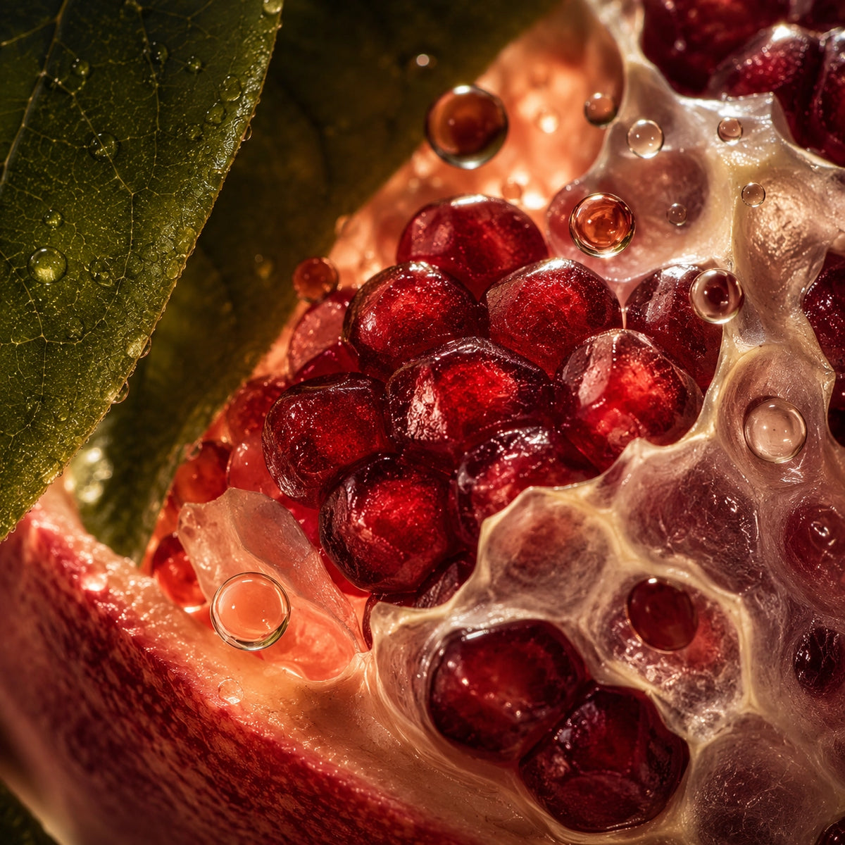 Close-up of a cut pomegranate showing glossy deep red seeds, translucent skin, and a green leaf with water droplets.