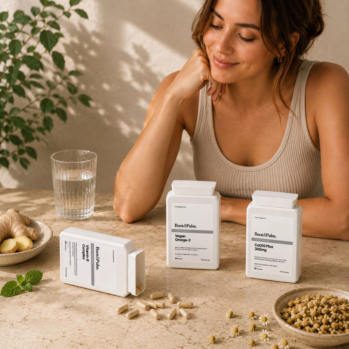 A woman sits at a table with three white supplement boxes from Root & Pulse, including Vitamin B Complex, Vegan Omega 3 and CoQ10 capsules, a glass of water, ginger, and chamomile tea ingredients.