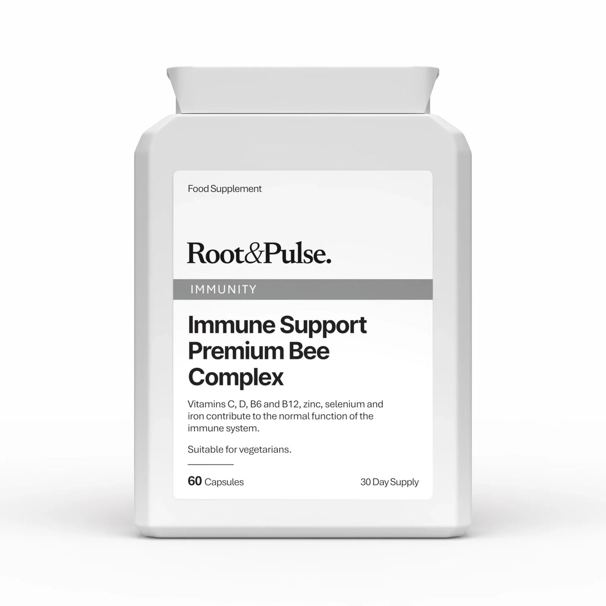 A white plastic bottle of Root&Pulse Immunity supplement with a clean white label, shown on a seamless white background.