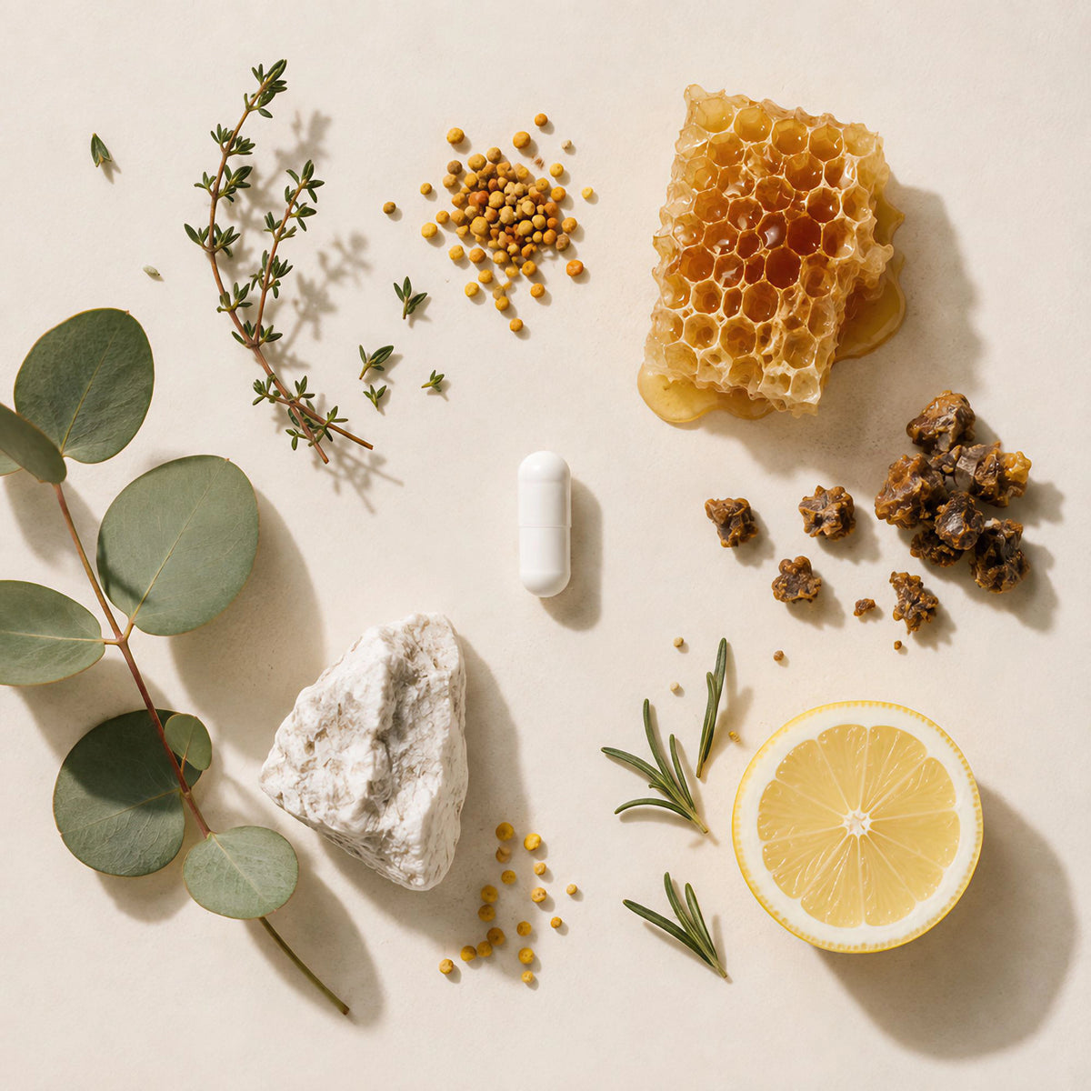 A styled flat-lay of natural ingredients on a warm beige background, including a white Root & Pulse capsule pill, a piece of raw white rock, a slice of lemon, rosemary, eucalyptus, honeycomb, pollen, bees, and a small cluster of yellow seeds.