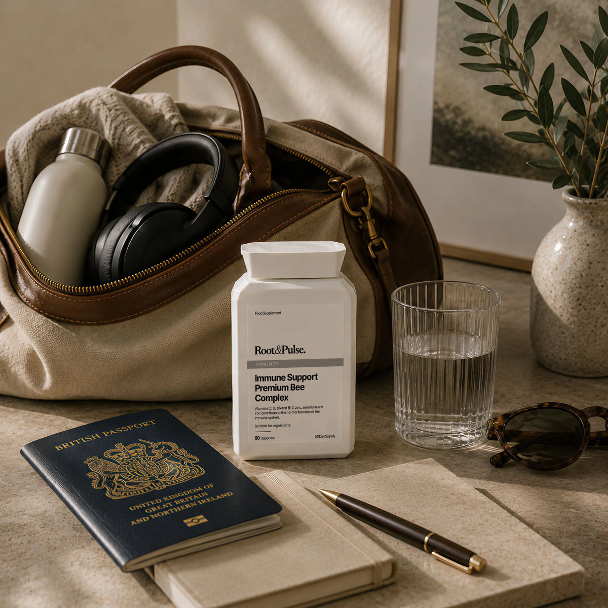 A white bottle of Root & Pulse Immune Support Premium Bee Complex sits on a tabletop next to a navy blue British passport, a beige tote bag with headphones and a bottle inside, a glass of water, a pen, and a notebook in a warm, styled setting.