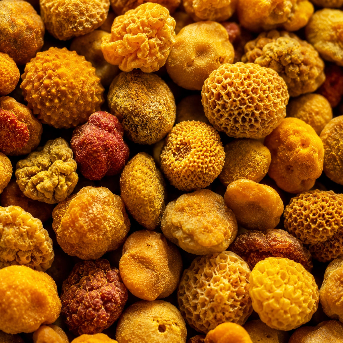 A close-up, top-down view of dried honeycomb mushrooms, showing their distinctive textured, bubble-like caps in shades of golden yellow, orange, and reddish-brown.