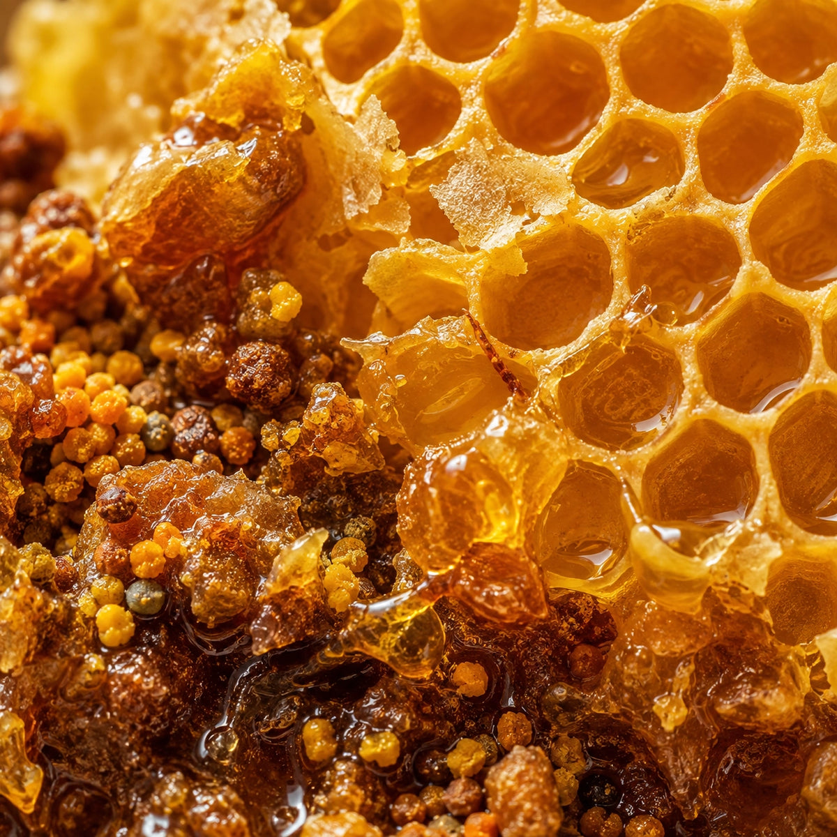 Close-up of raw honeycomb with golden honeycomb cells, dripping amber honey, and clusters of beeswax pollen.