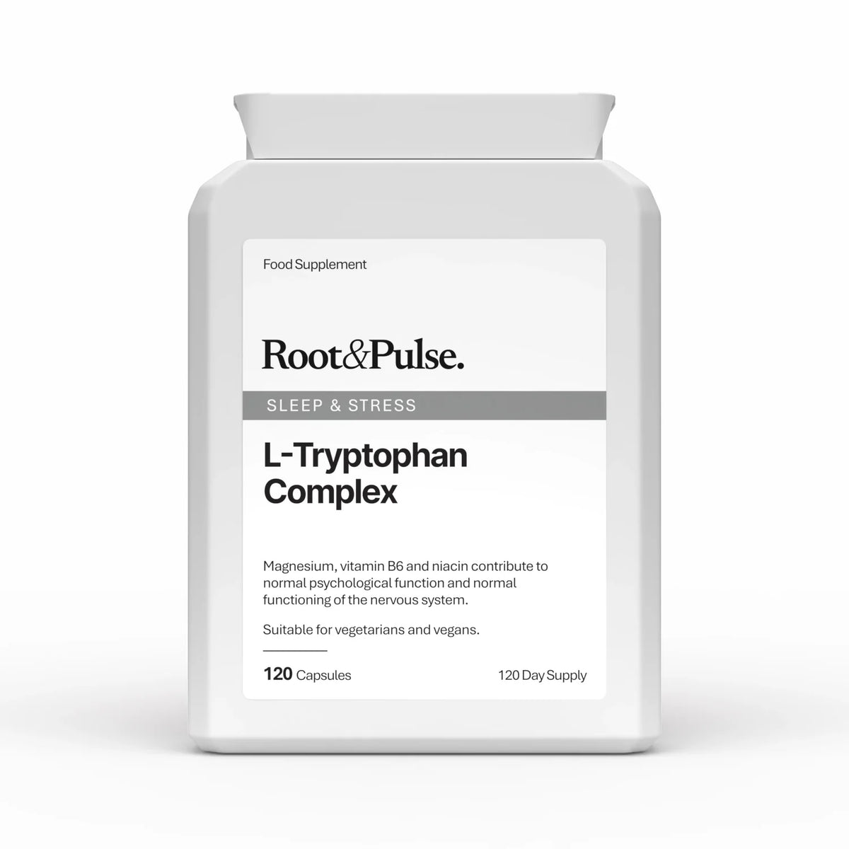 A white plastic bottle of Root & Pulse Sleep & Stress L-Tryptophan Complex food supplement, shown on a clean white background.