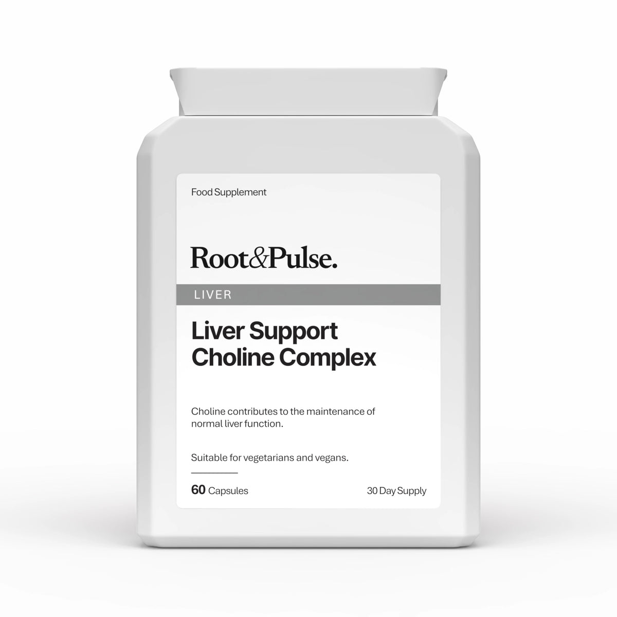 A white plastic bottle of Root&Pulse Liver Support Choline Complex dietary supplement, shown on a clean white background with a soft shadow.
