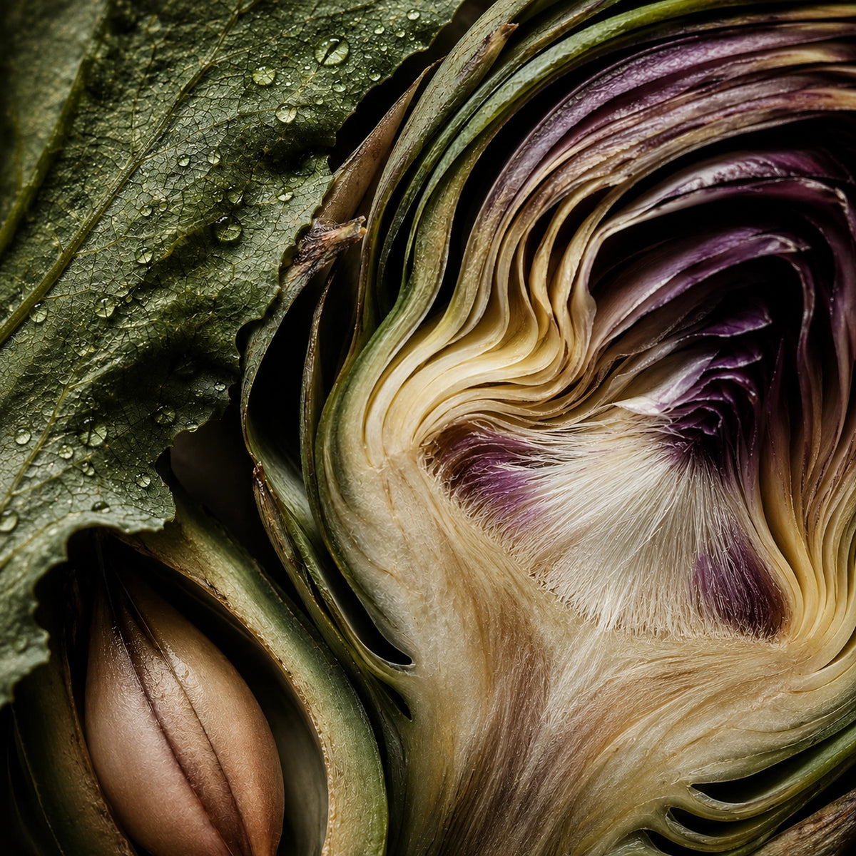 Extreme close-up of a sliced artichoke showing layered green, purple, cream, and brown tones with water droplets on the leaf.