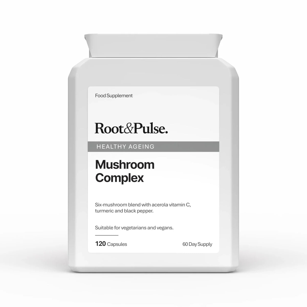 A white plastic bottle of Root & Pulse Mushroom Blend Supplement dietary supplement, containing 120 capsules, shown on a clean white background.