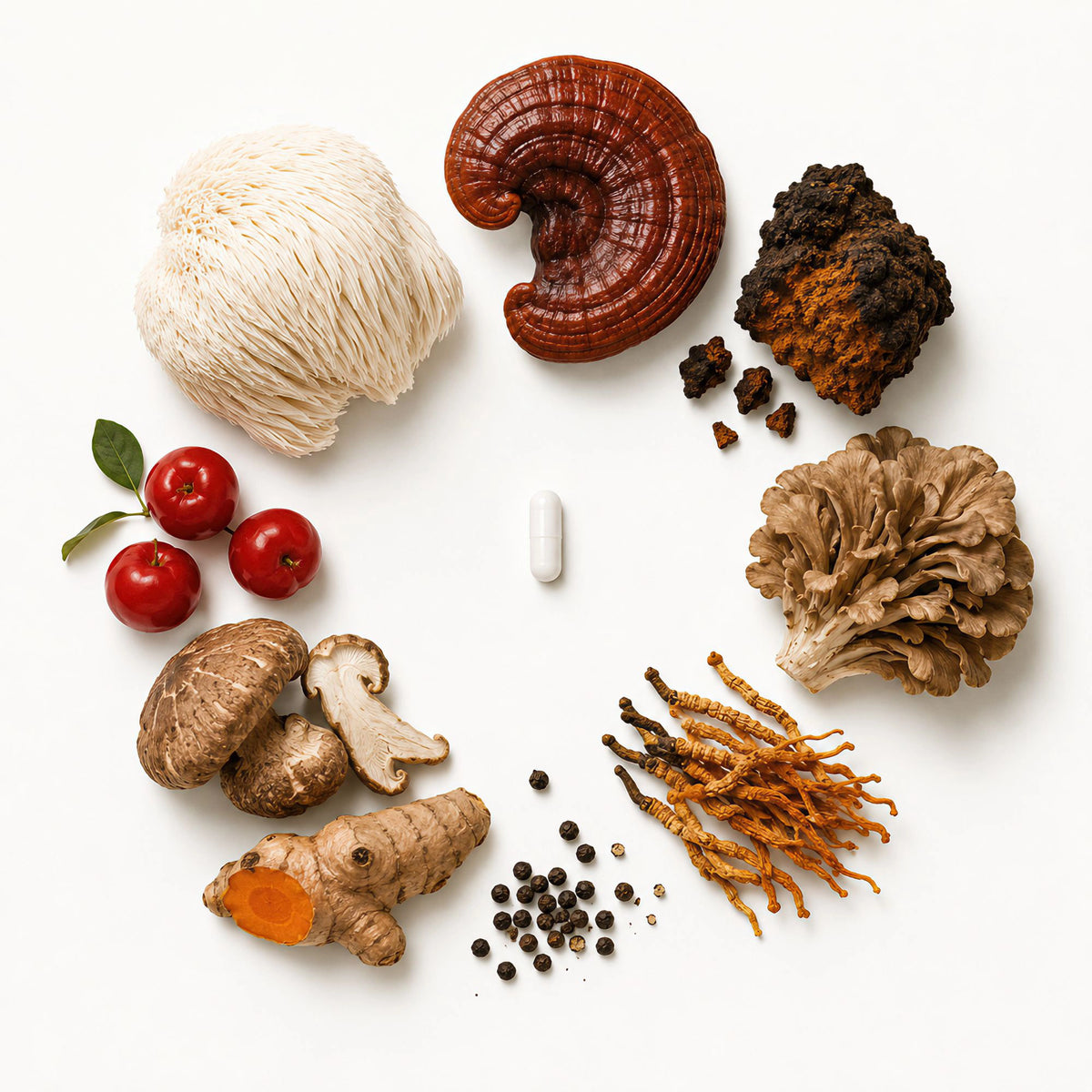 A flat-lay arrangement of various mushrooms, herbs, and a single white capsule pill on a clean white background, suggesting a supplement or natural health product by Root & Pulse