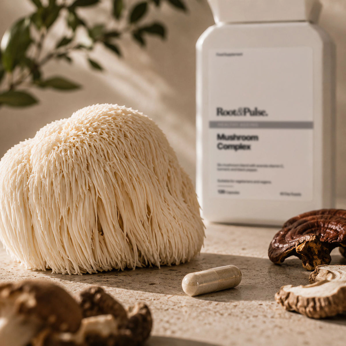 A bottle of Root & Pulse Mushroom Complex capsules styled with a large lion's mane mushroom, shiitake mushrooms, and a capsule on a textured stone surface.