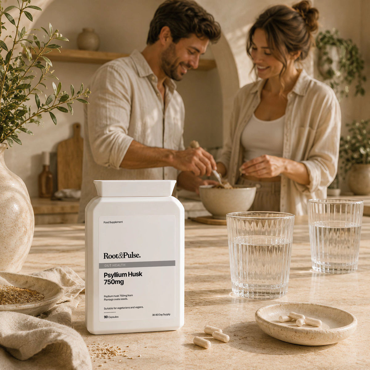 A man and woman are standing in a warm, rustic kitchen preparing food, with a white bottle of Root of Pulse Psyllium Husk 750mg prominently displayed in the foreground on a wooden table alongside glass cups and loose capsules.