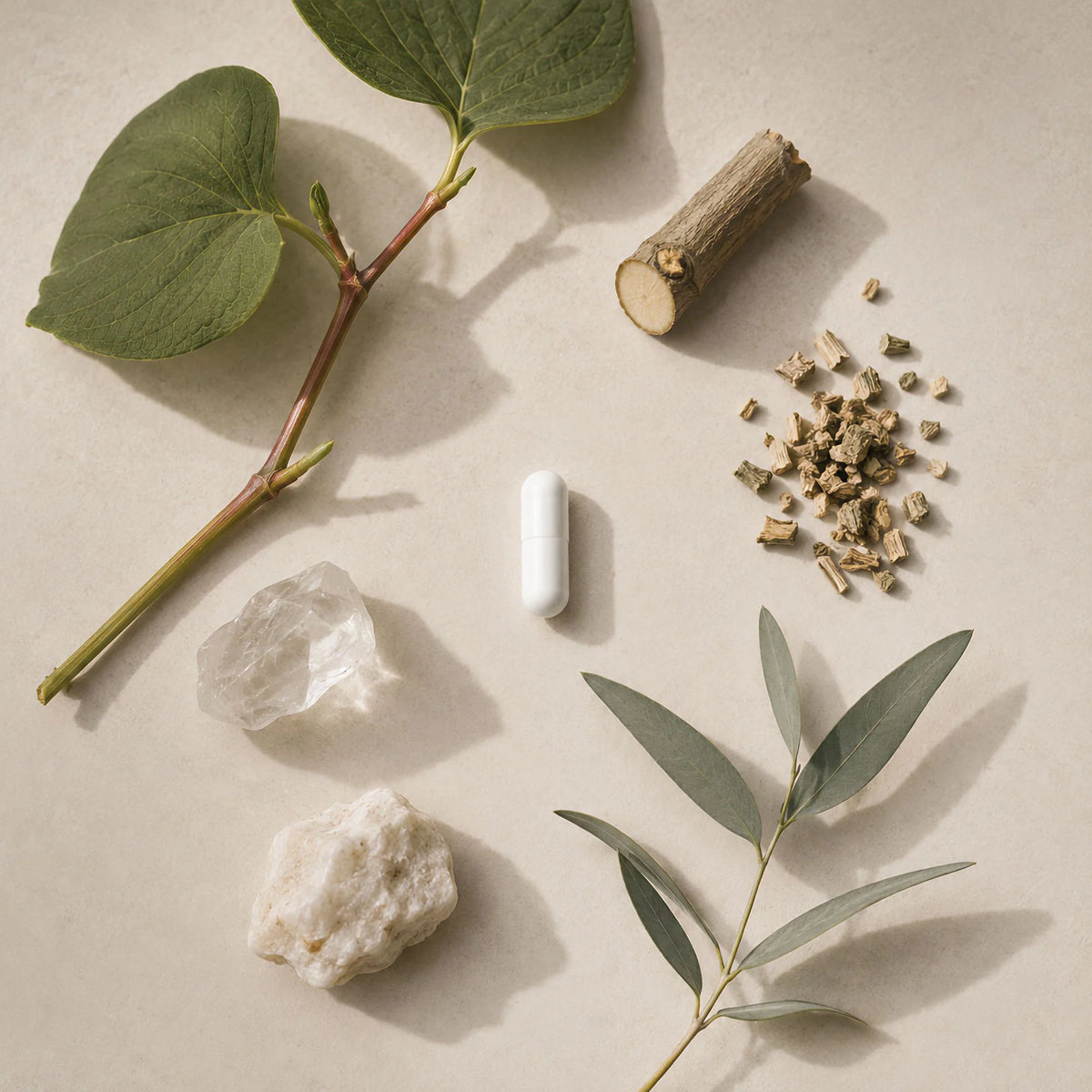 A white Root and Pulse Resveratrol capsule pill lies on a beige surface surrounded by botanical elements, including green leaves, a small cut wood piece, dried herb pieces, and two pale stones, arranged in a styled flat lay.
