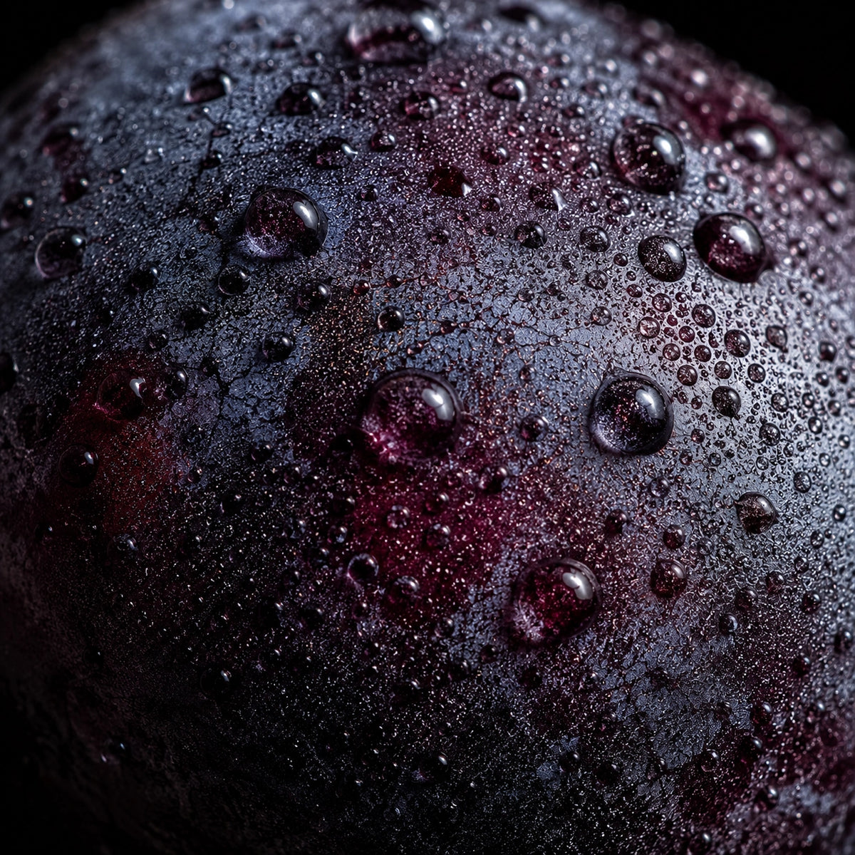 Macro close-up of a dark purple fruit surface covered in water droplets, with glossy highlights and a black background.