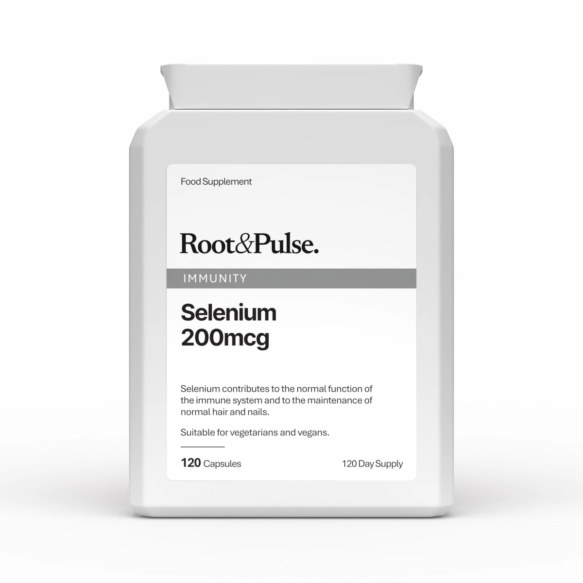 A white plastic bottle of Root&Pulse Immunity Selenium 200mcg food supplement, shown on a clean white background with a soft shadow.