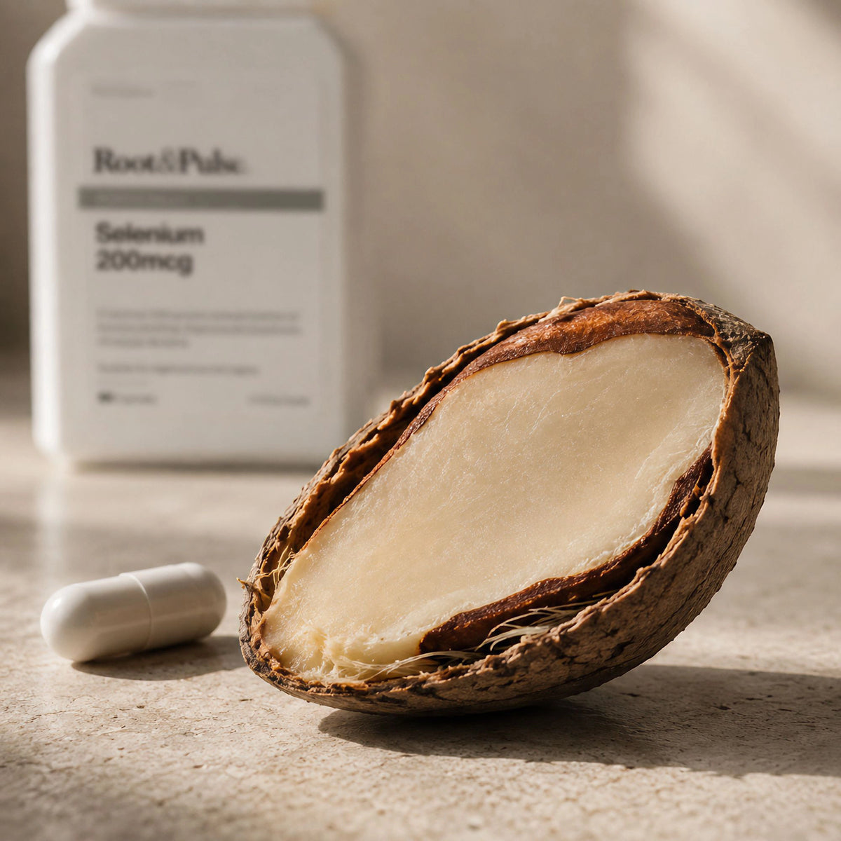 A supplement bottle labeled Root of Pulse Selenium 200mcg sits behind a halved brazil nut with a white capsule in the foreground on a stone-like surface.