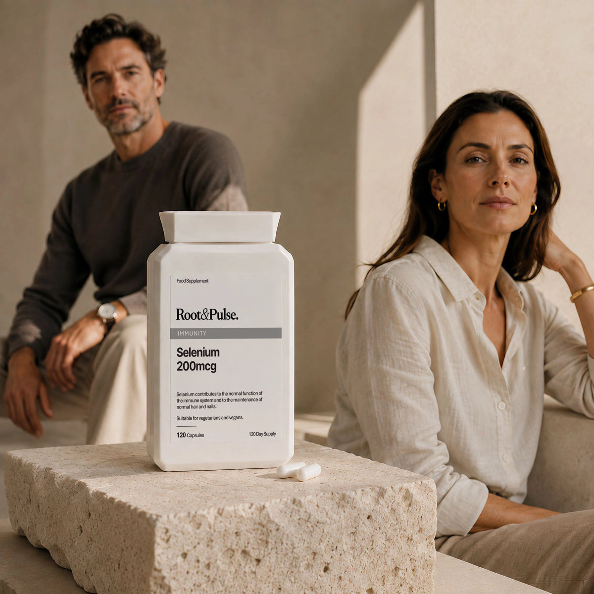 A white bottle of Root & Pulse Selenium 200mcg dietary supplement is displayed on a stone block in a warm, modern interior setting with a man and a woman seated in the background.