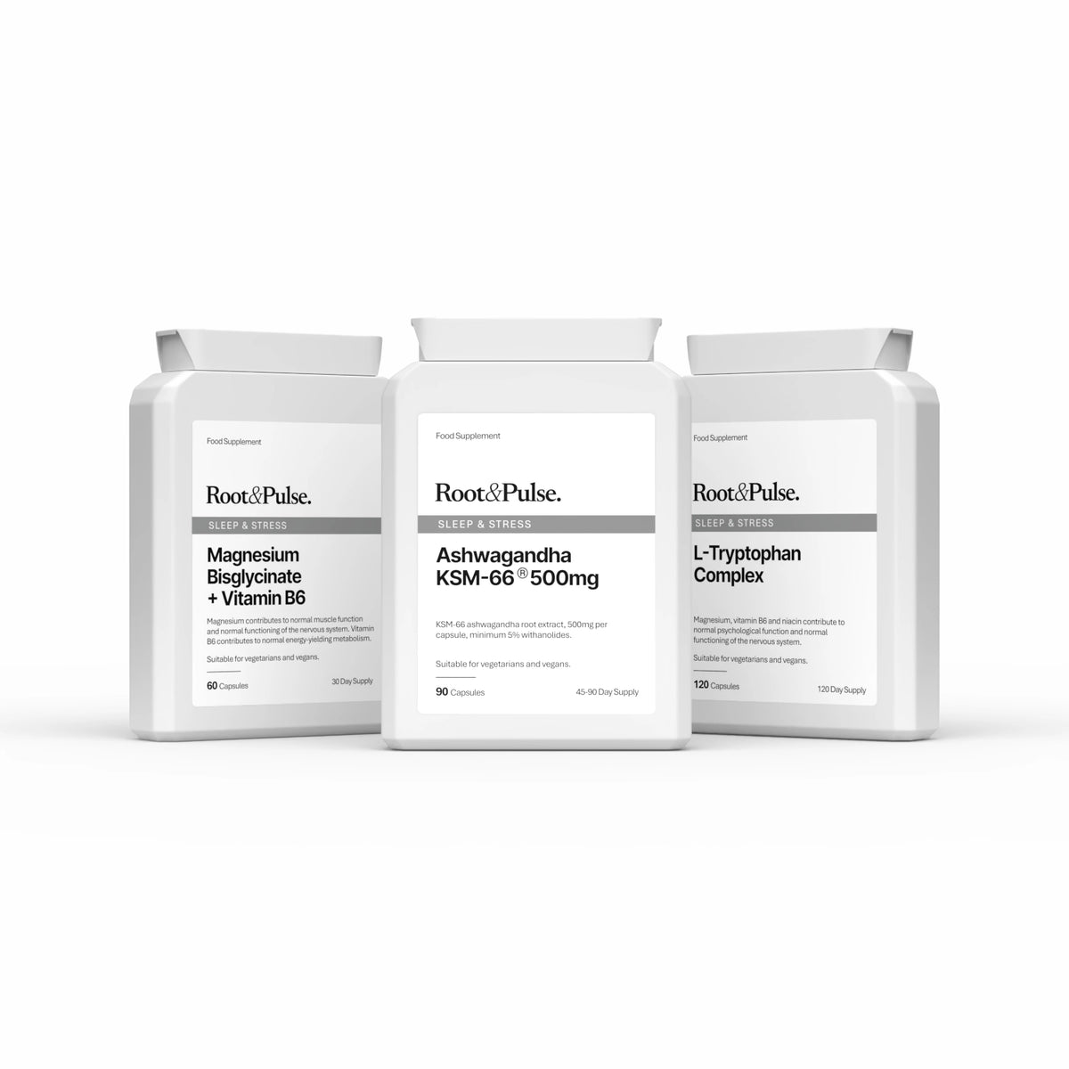 Three white supplement bottles from Root and Pulse on a clean white background, featuring Ashwagandha KSM-66 500mg in the center and Magnesium Bisglycinate + Vitamin B6 and L-Tryptophan Complex on the side bottles.