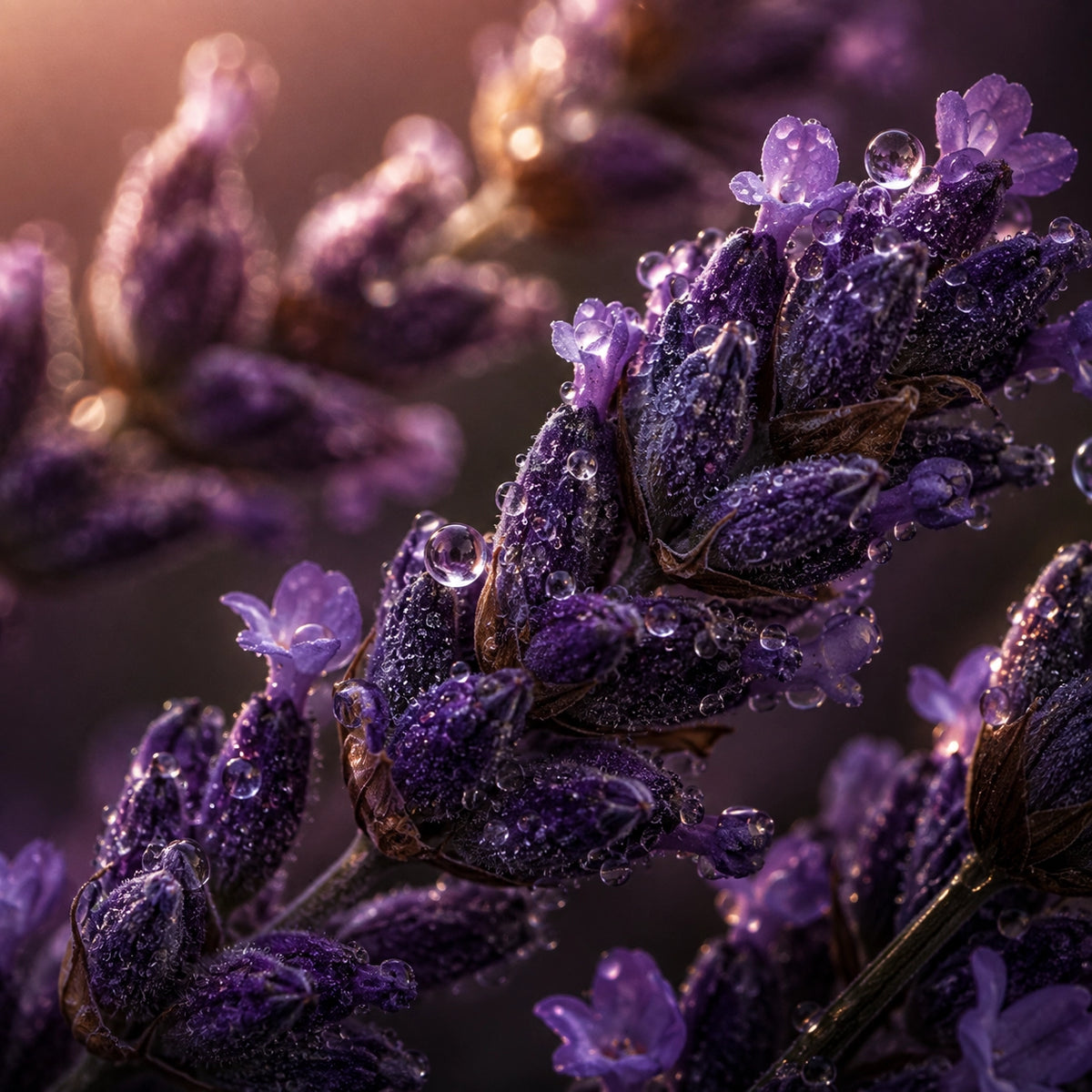 Close-up of purple lavender flower buds covered in glistening water droplets, with soft warm light and a blurred background.
