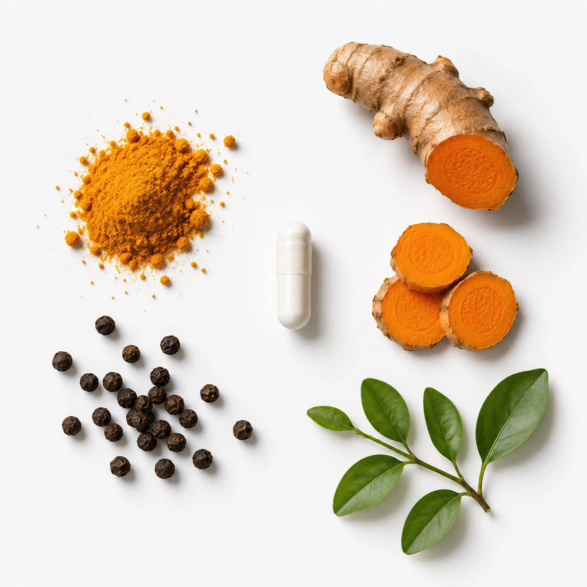 A styled flat-lay of Root & Pulse turmeric ingredients and a supplement capsule on a white background, including a whole turmeric root, sliced orange turmeric, a pile of yellow turmeric powder, black peppercorns, green leaves, and a white capsule.