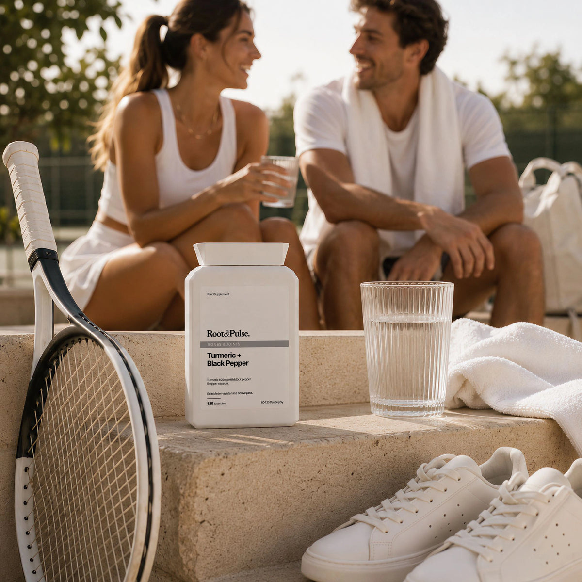 A white bottle of Root & Pulse Turmeric + Black Pepper supplement placed on concrete steps outdoors, with a woman and man sitting in the background near a tennis racket, glass of water, towel, and white sports shoes.