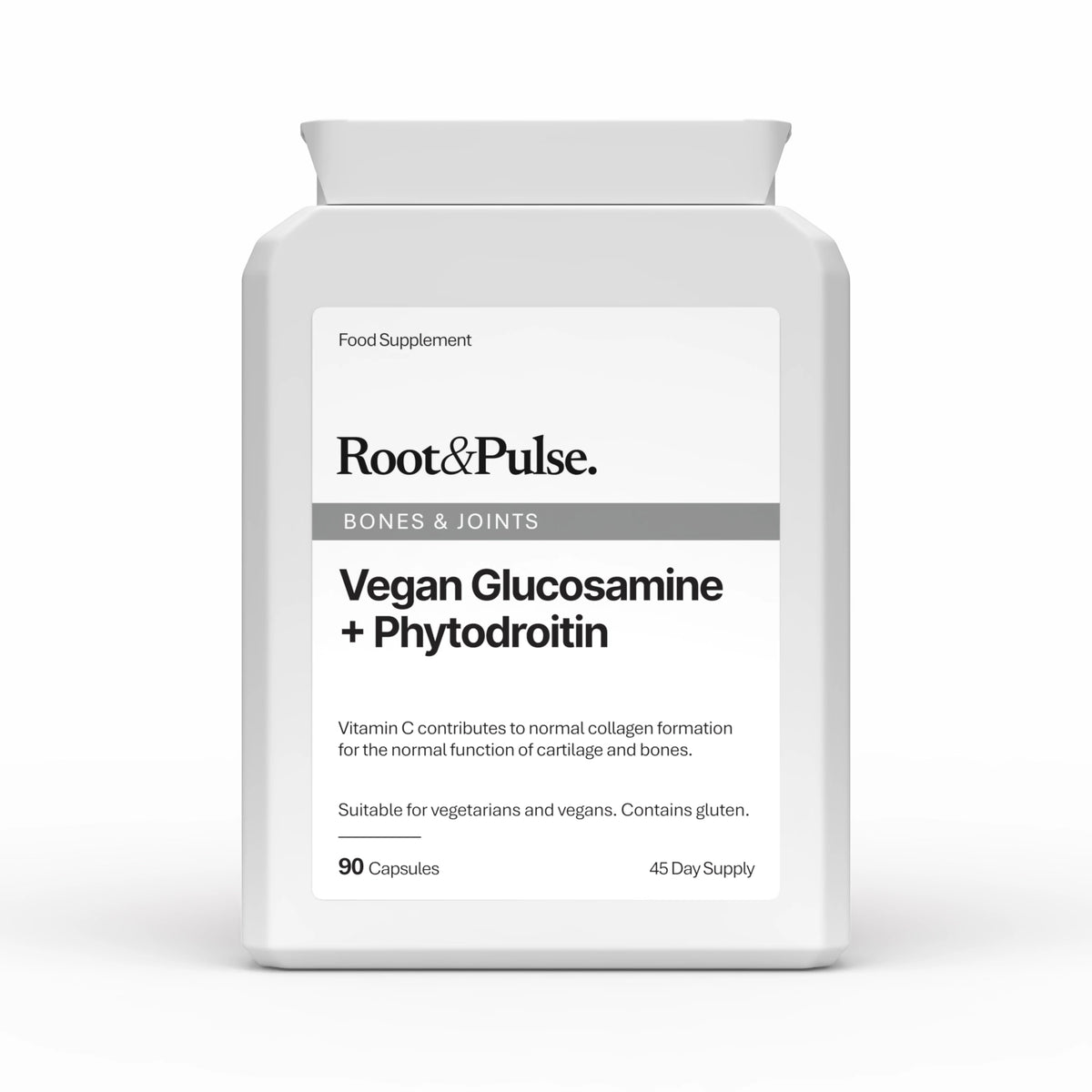 A white plastic bottle of Root&Pulse Vegan Glucosamine + Phytodroitin dietary supplement, shown on a clean white background.