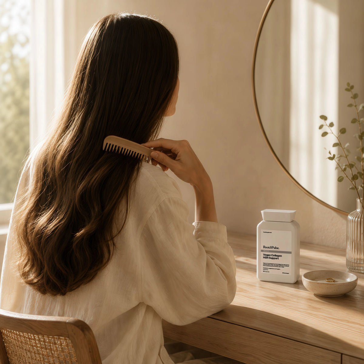 A woman with long, wavy brown hair is seen from behind, brushing her hair in a sunlit room. On the wooden vanity table beside her is a white supplement bottle labeled Root and Pulse Vegan HSN Support for skin hair and nails, along with a mirror, vase, and small dish.