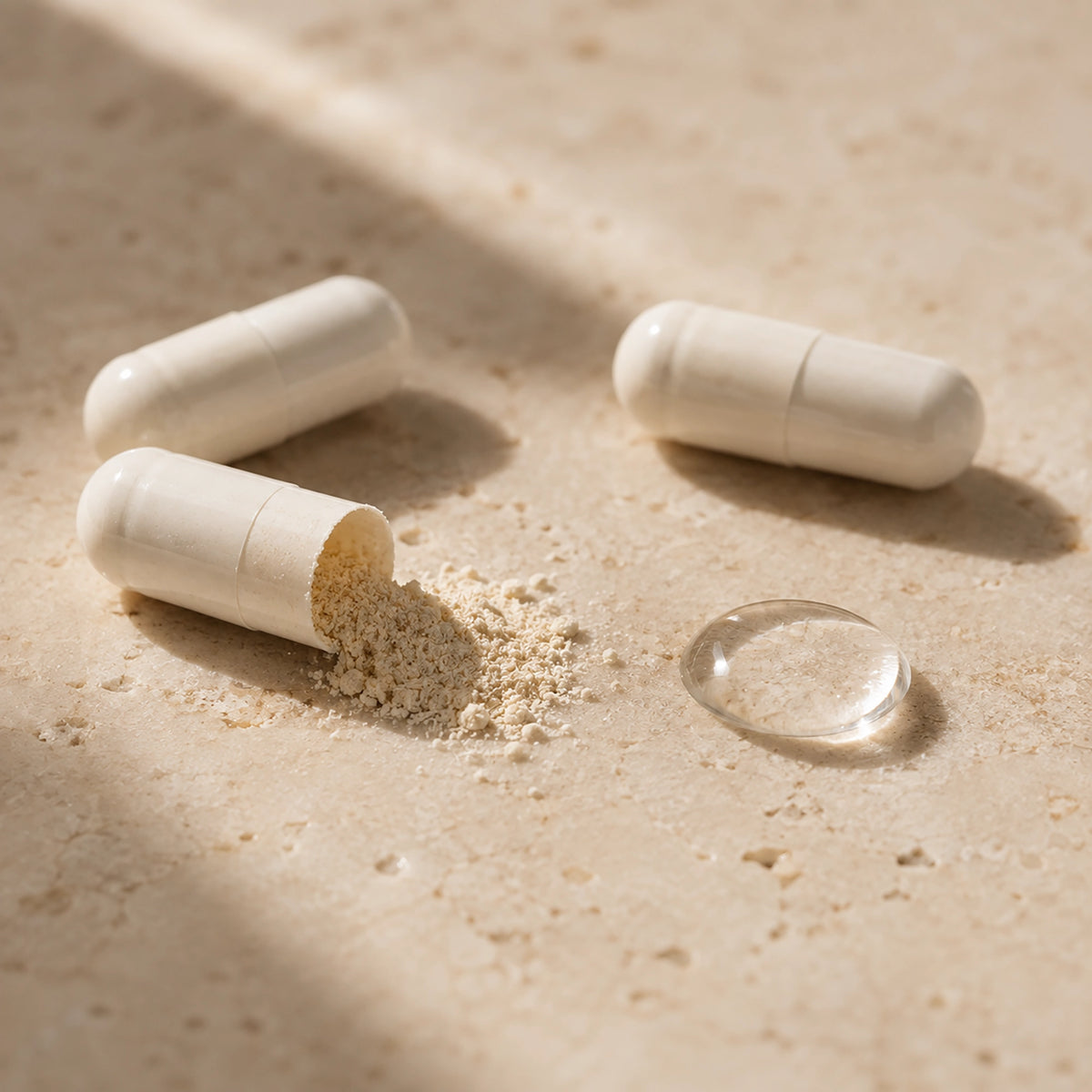 Three white capsules by Root & Pulse on a textured beige stone surface, with one capsule open and spilling fine powder, alongside a clear water droplet under warm natural light.