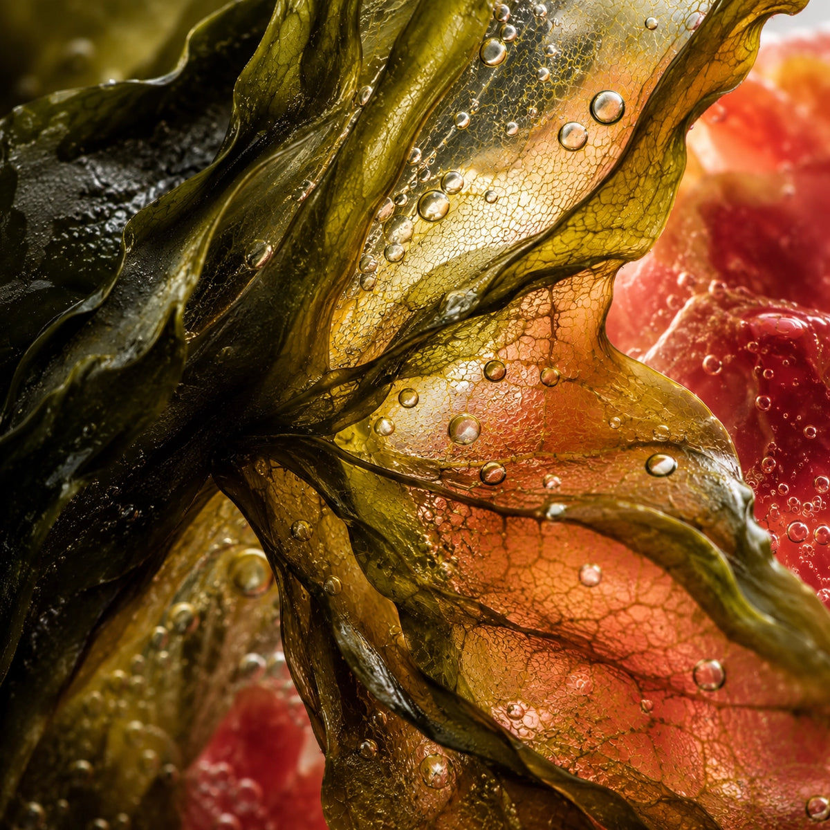 Macro close-up of translucent seaweed or algae leaves with water droplets, showing olive green, amber, and pinkish-orange tones against a blurred red background.