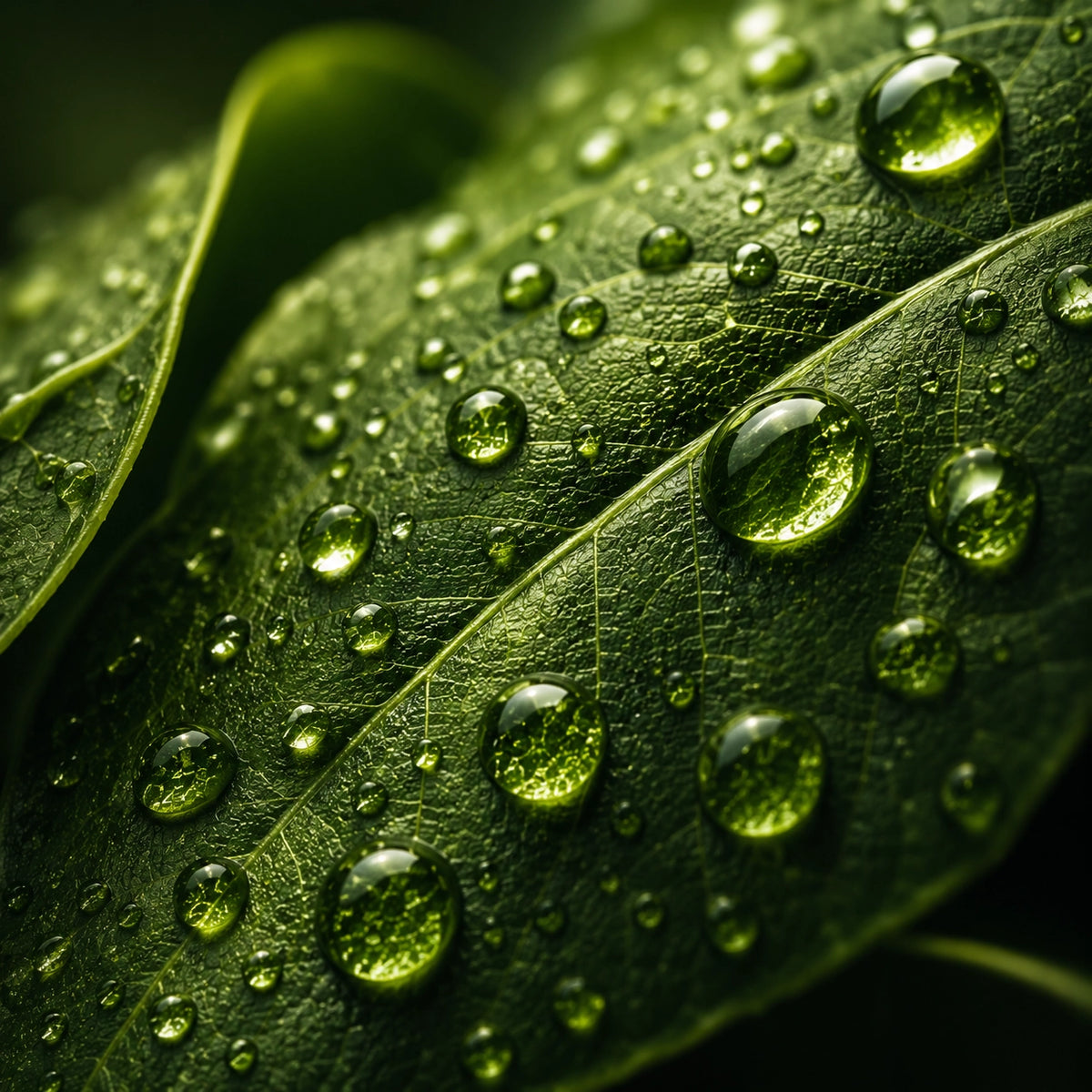 Close-up of a green leaf covered with large, clear water droplets, showing detailed leaf veins and glossy reflections.