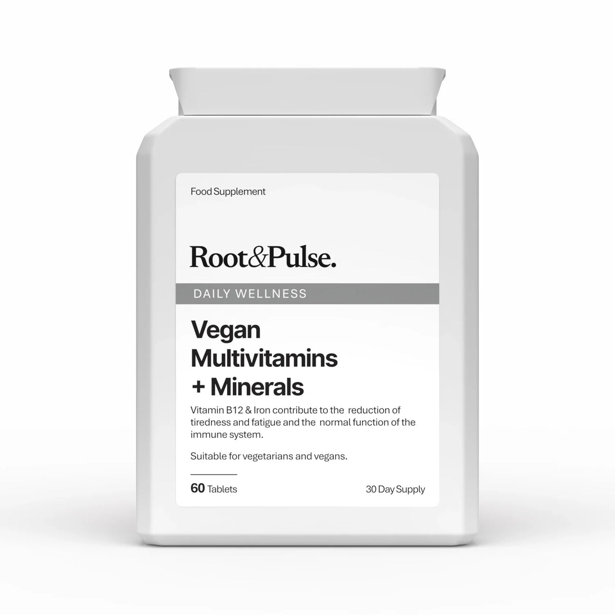 A white plastic bottle of Root&Pulse Vegan Multivitamins + Minerals, 60 tablets, 30 day supply, shown on a clean white background.