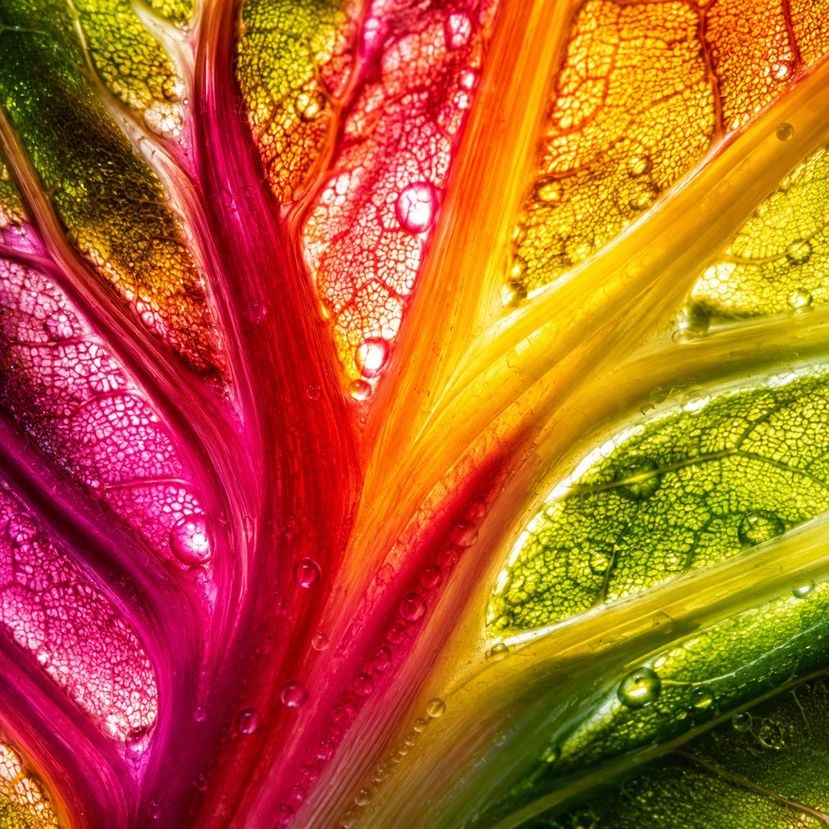 Vibrant macro abstract of a rainbow swiss chard leaf with translucent veins in bright pink, red, orange, yellow, and green, covered with small water droplets.