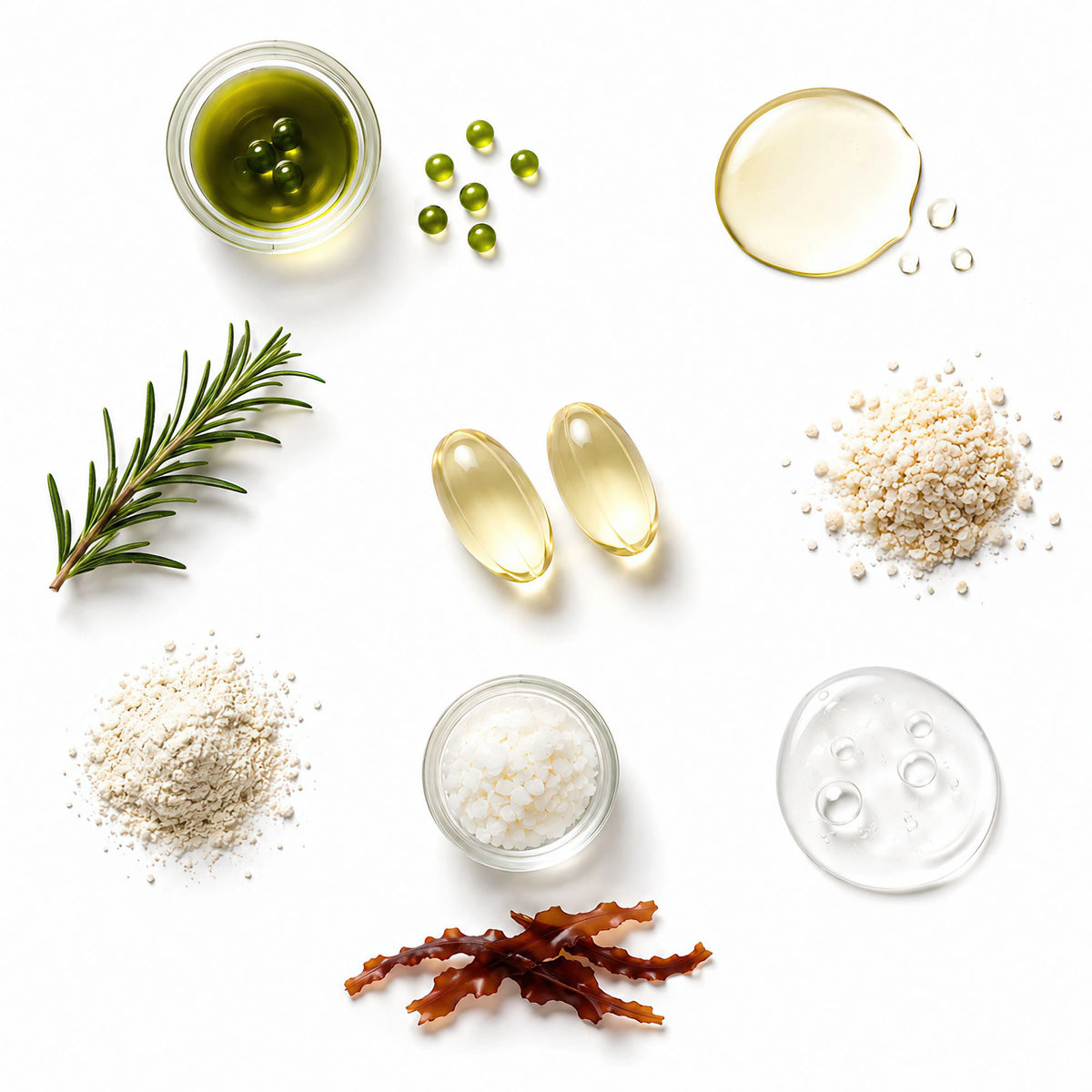 Flat lay of natural supplement ingredients of Root & Pulse Vegan Omega 3 Softgels on a white background, including a green oil in a glass jar  a rosemary sprig, a clear gel drop, a white powder pile, a brown seaweed piece, and small green capsules.