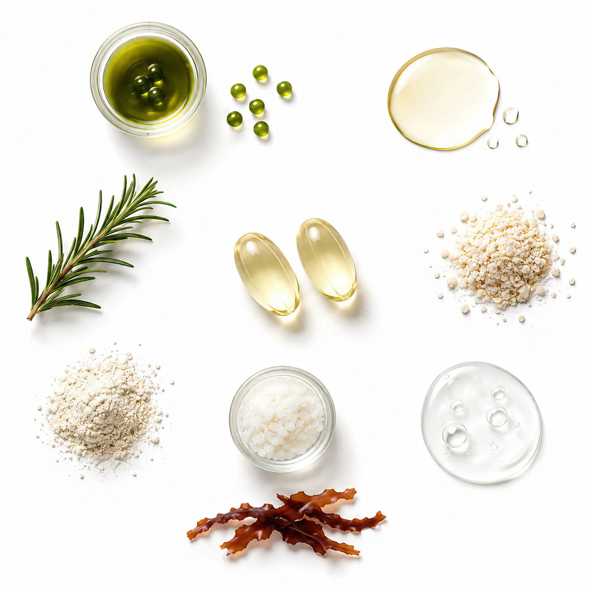Flat lay of natural supplement ingredients of Root & Pulse Vegan Omega 3 Softgels on a white background, including a green oil in a glass jar  a rosemary sprig, a clear gel drop, a white powder pile, a brown seaweed piece, and small green capsules.