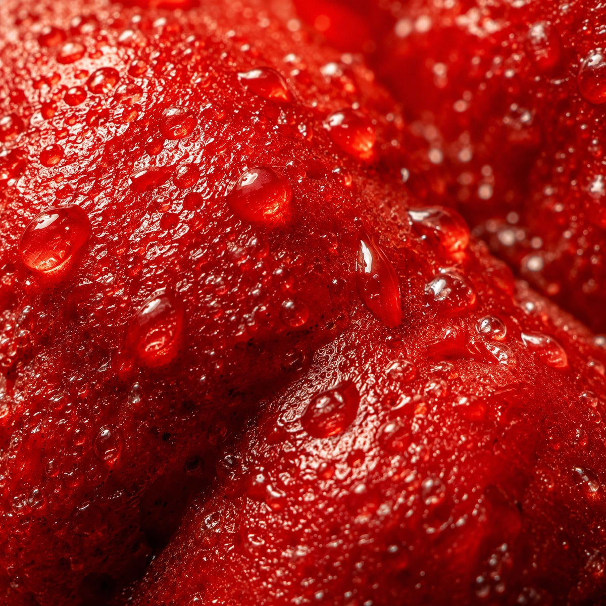 Extreme close-up of a red textured surface covered with glistening water droplets, resembling acerola cherry under warm lighting.