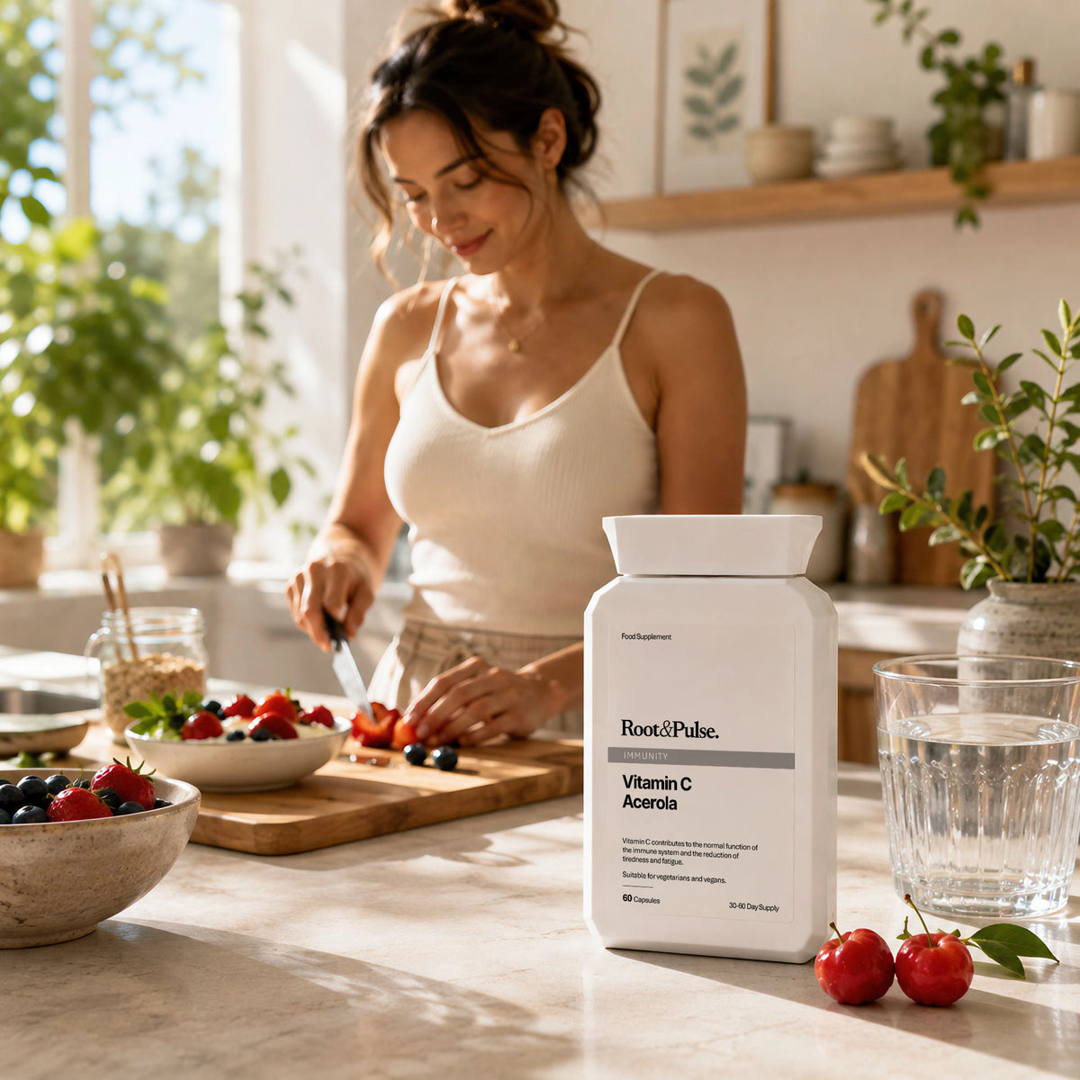 A woman in a white ribbed tank top is shown in a bright, sunlit kitchen preparing fruit on a wooden cutting board. In the foreground, a white bottle of Root of Palue Vitamin C Acerola supplement is placed on a marble countertop next to a glass of water and fresh cherries.