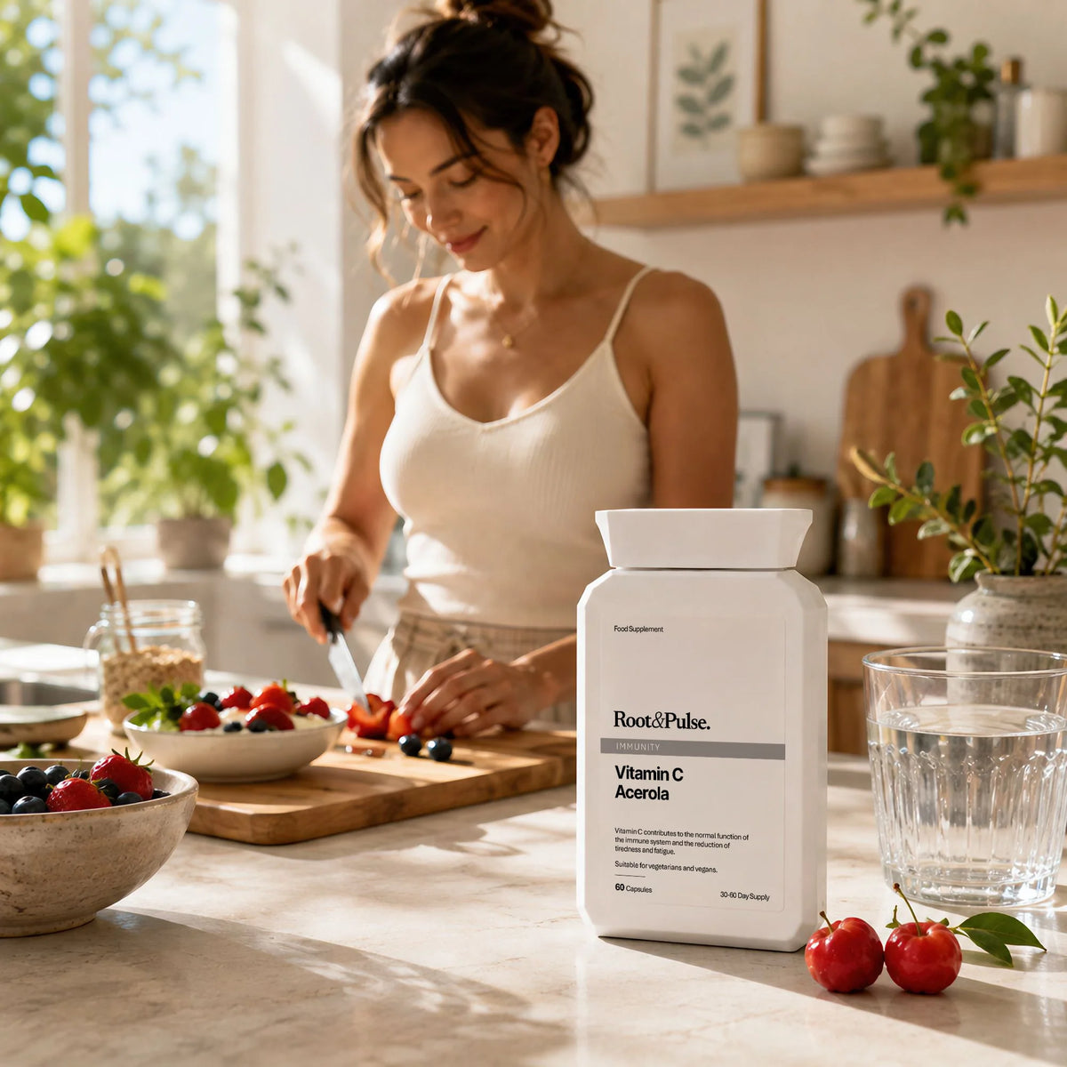 A woman in a white ribbed tank top is shown in a bright, sunlit kitchen preparing fruit on a wooden cutting board. In the foreground, a white bottle of Root of Palue Vitamin C Acerola supplement is placed on a marble countertop next to a glass of water and fresh cherries.